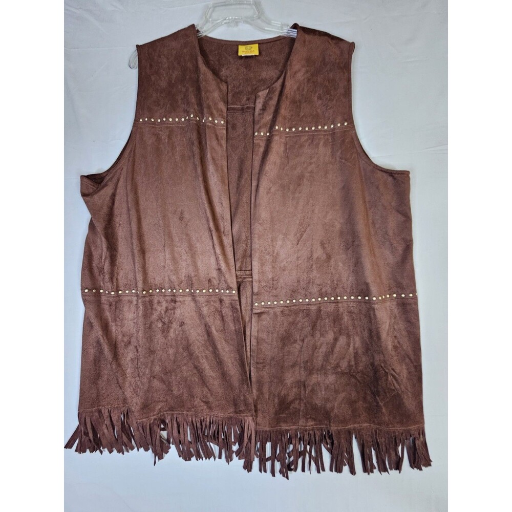 Ruby Rd Vest Women's Sz XL Brown Faux Suede Long Fringe Festival Western Cowboy